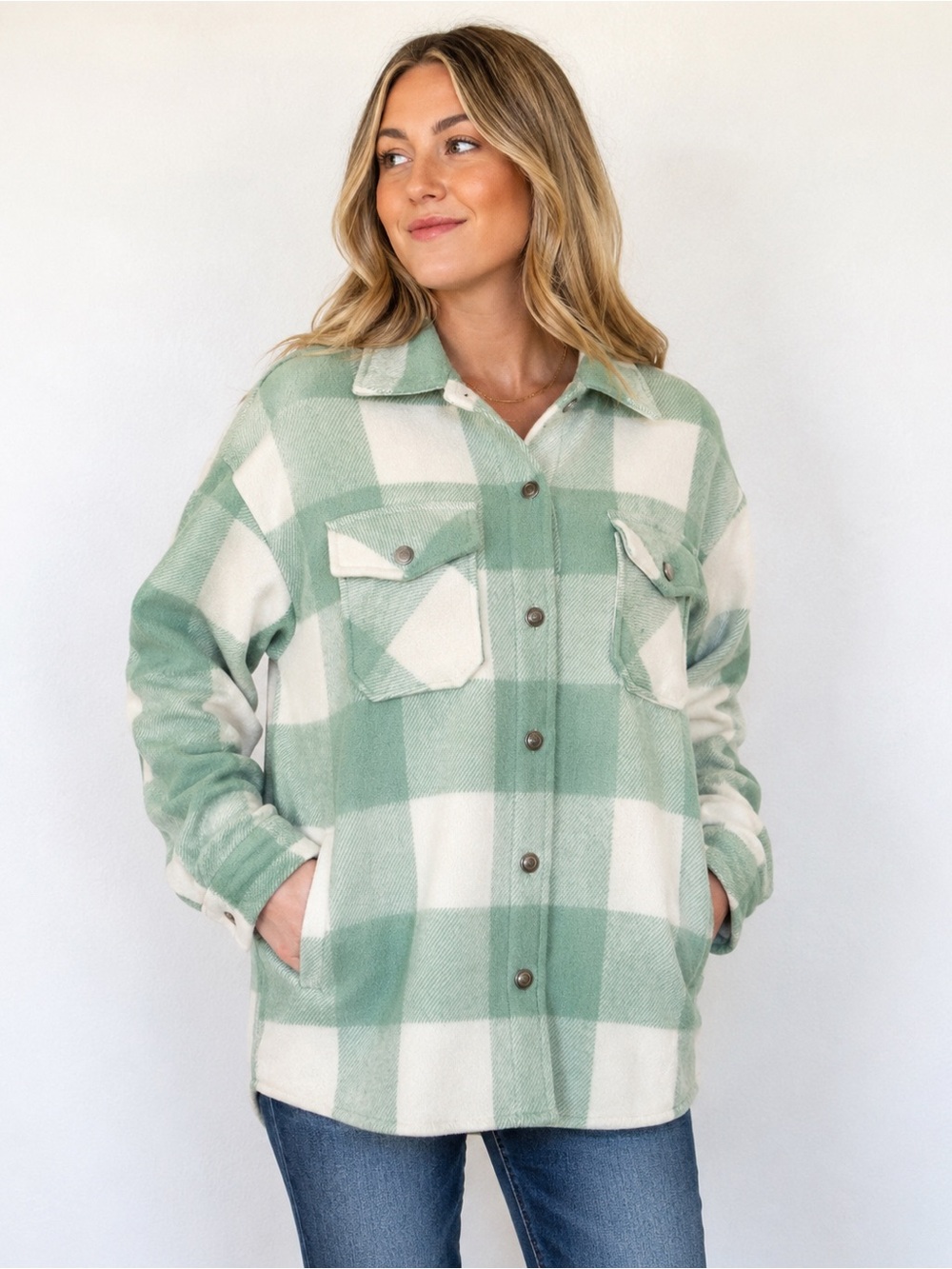 Sundayup Women’s Green White Plaid Button Front Shacket Size Large
